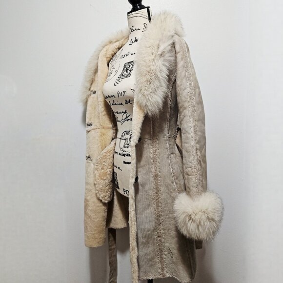 NewMerino Toscana Sheepskin Shearling Lamb Fur Coat Jacket Fox Taupe Stone Suede - Picture 2 of 4